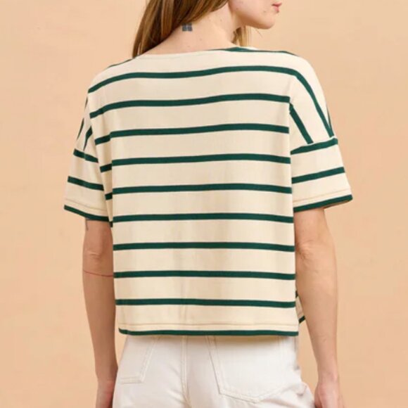 La Ligne Short Sleeve Breton Tee Green/Ecru Striped Size Small - Picture 2 of 6